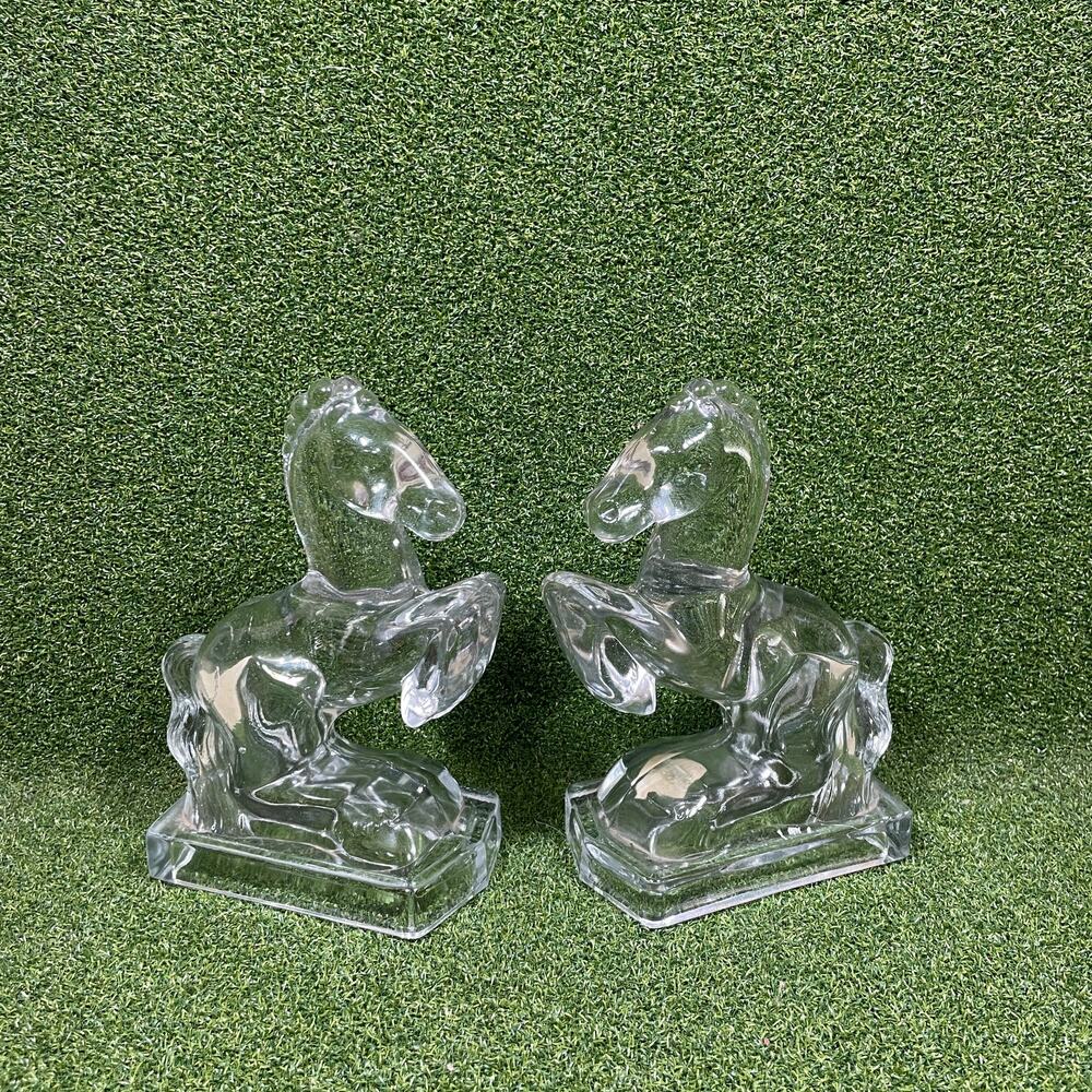 Vintage Clear Glass Rearing Horse Bookends Pair Sears Roebuck Equestrian